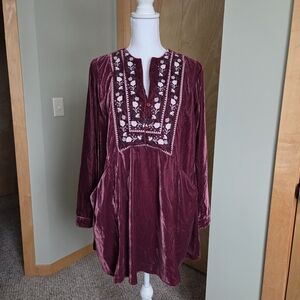 Free People Always Forever Velvet Mini Dress Embroidered Burgundy